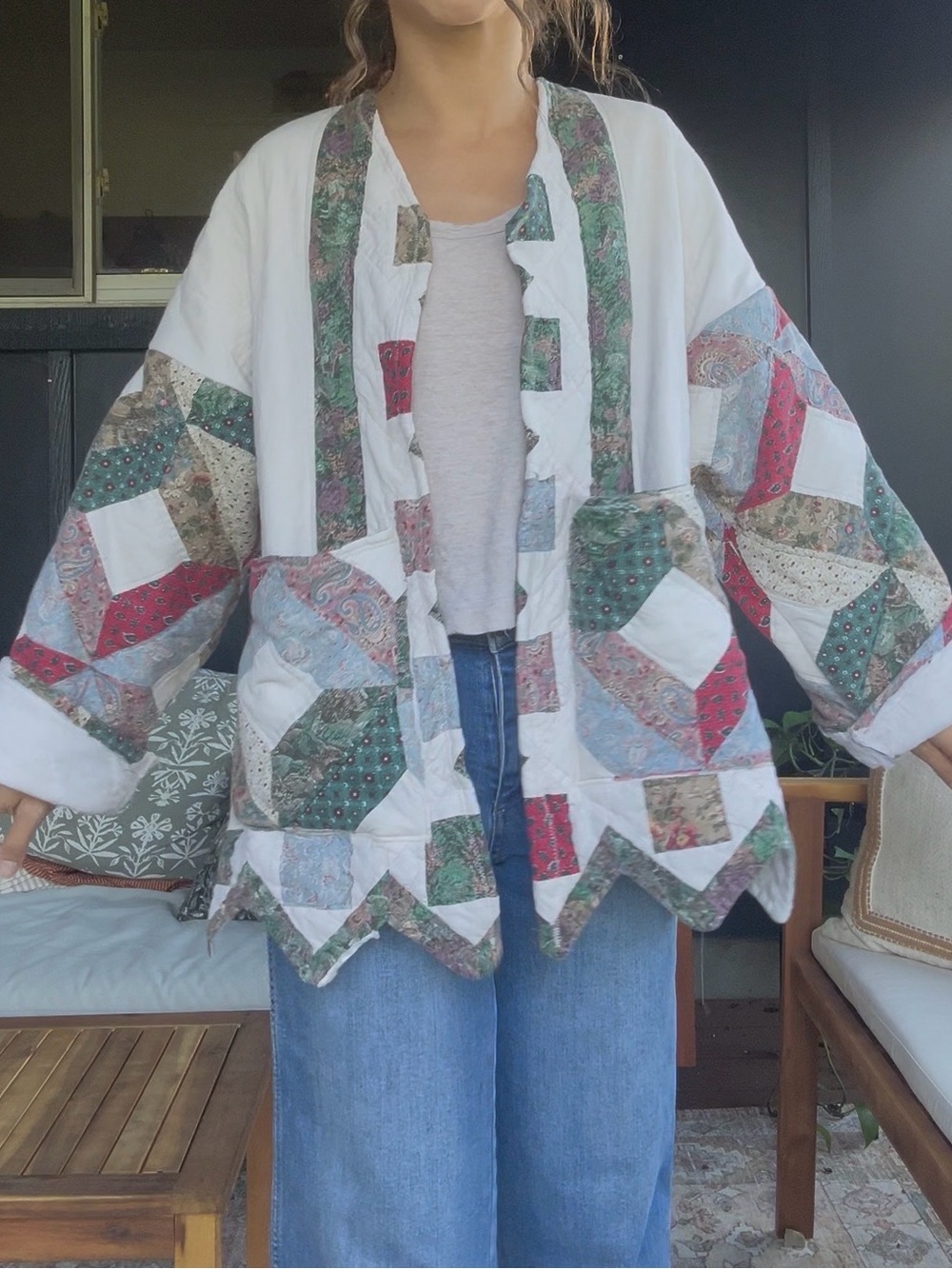 Vintage Quilt Jacket Coat Quilted Patchwork paisley floral White Multi handmade